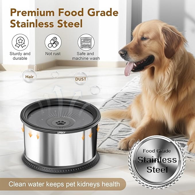 UPSKY 6.5L Super Large Capacity No Spill Dog Water Bowl - 1.6 Gallon Stainless Steel Spill Proof Slow Feeder With Anti-Slip Mat for Messy Drinkers - Black