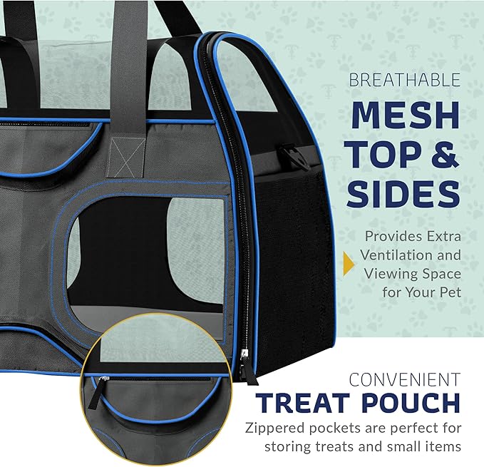 Katziela Pet Carrier - Airline Approved Dog Carrier - TSA Approved Pet Carrier for Small Dogs and Cats - Soft FAA Travel Airplane Dog Carrier Luggage (Black/Blue)