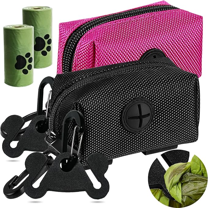 2Packs Dog Poop Bag Holder for Leash Attachment Dog Poop Bag Dispenser Dog Waste Bag Dispensers Dog Poop Bag Holders Fit Dog Leash Accessory With Hand Free Holder Carriers, Pink & Black