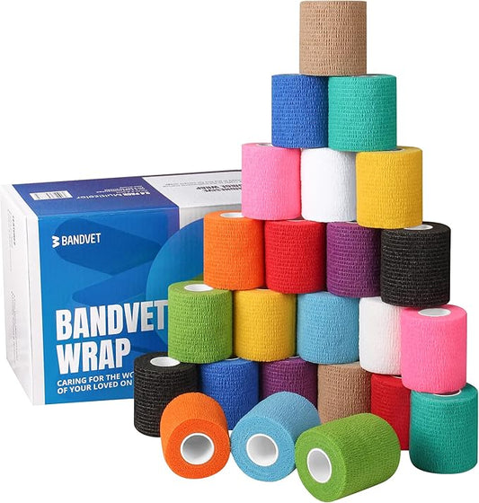 Self Adhesive Bandage Wrap - Pack of 24, Assorted Colors, Non-Woven, Breathable & Water-Resistant Vet Wrap for First Aid, Sports Injury, Body Sprains, & Pets - 2 Inch x 5 Yards