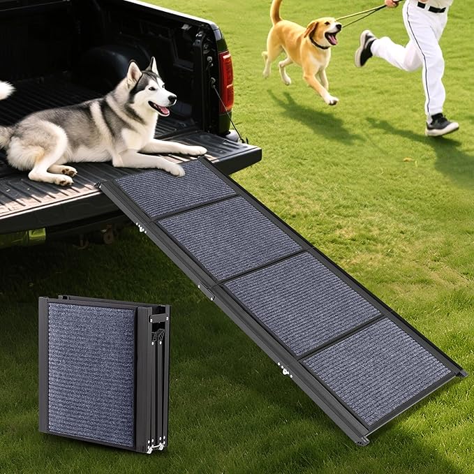 AQUILLA Dog Ramp for Car, 63" Folding Portable Dog Ramp with Non-Slip Rug Surface, Extra Wide Pet Ramps for Cat & Dogs Get on Bed, Cars, Stairs,Pick Up Trucks, Up to 250LBS (63" L x 17.3" W)