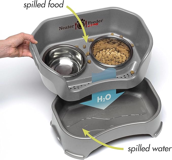 Neater Pet Brands Neater Feeder Deluxe Mess Proof Dog Bowls Elevated for Medium Dogs 19-40 lbs, Made in USA, No Spill Raised Dog Food Bowl Stand Feeding Station, Food and Water Bowl Set, Grey