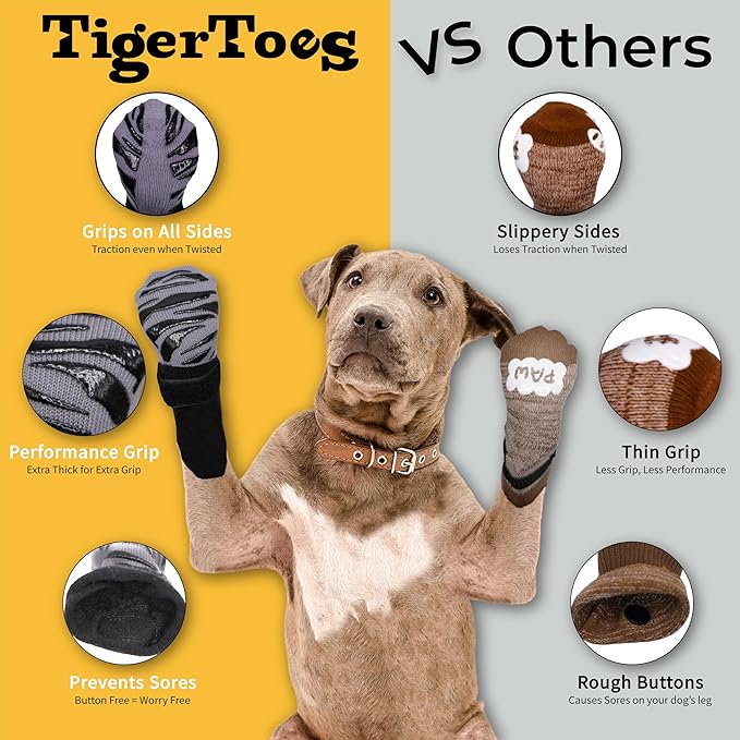 DOK TigerToes Premium Non-Slip Dog Socks for Hardwood Floors - Extra-Thick Grip That Works Even When Twisted - Prevents Licking, Slipping, and Great for Dog Paw Protection (X-Small)