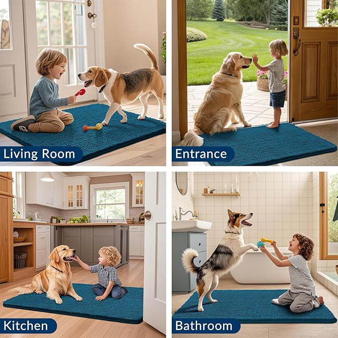 Smiry Dog Door Mat for Muddy Paws 47x32, Absorbs Moisture and Dirt Doormat, Non-Slip Washable Quick Dry Chenille Front Door Mat Indoor Entrance, Entryway Carpet for Inside Floor, Atlantic Blue