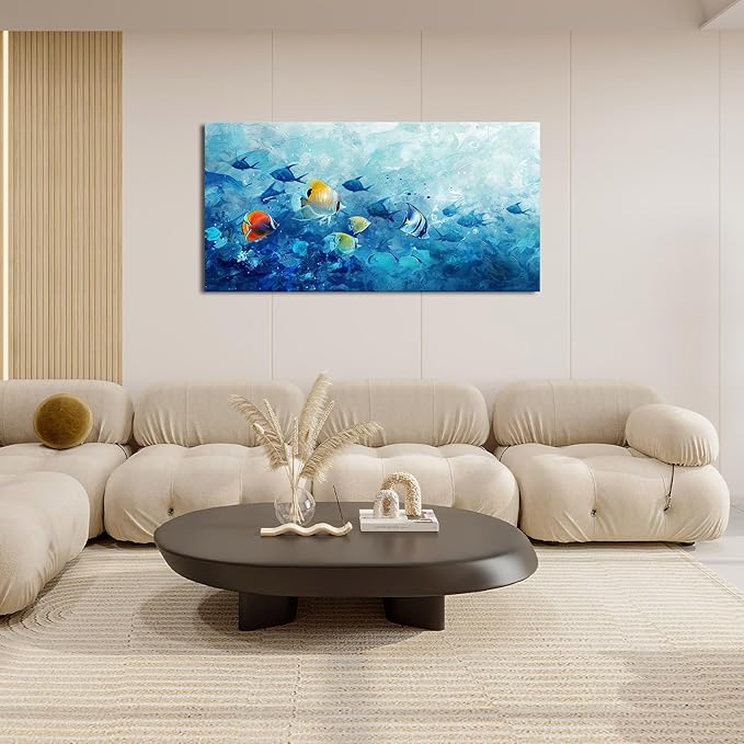 Extra Large Wall Art Tropical Fish Canvas Living Room Pictures Framed Prints Ocean Blue Oversize Wall Decor Animal Painting Artwork for Bedroom Dining Office Home 60"x30"