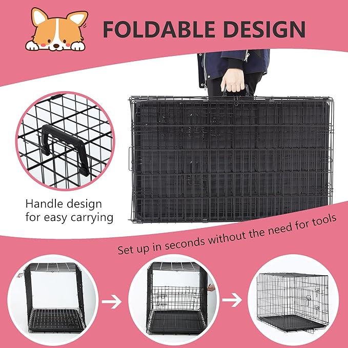 FDW Extra Large Dog Crate Dog Kennel Cage with Double Door,48 inch Folding Metal Wire Dog Cage with Removable Tray&Divider Panel,Pet Crate for Large Dogs,Black