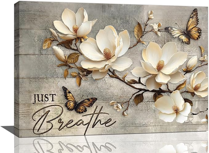 Floral Magnolia Bathroom Pictures Wall Art, Just Breathe Bathroom Wall Decor, Flower Butterfly Framed Painting Canvas Artwork for Bedroom Living Room Decorations 24"L x 16"W
