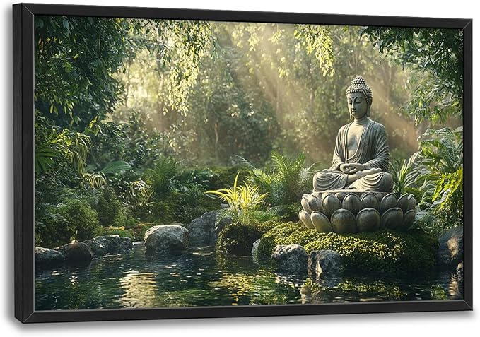 Large Buddha Forest Wall Art for Living Room, Framed Oversized Tree Lake Wall Decor, Nature Landscape Canvas Painting Modern Artwork Home Decoration for Dining Room Bedroom Office 36"x24"