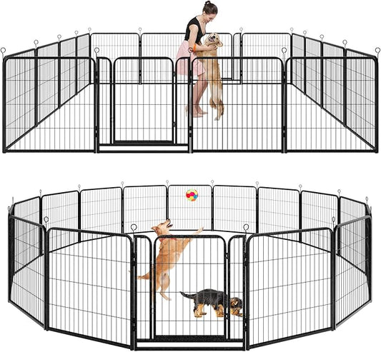 Dog Playpen Outdoor Extra Wide 16 Panels Heavy Duty Dog Fence 32" Height Anti-Rust with Doors Portable for RV Camping Yard, Total 42FT, 140 Sq.ft, Snowy Black