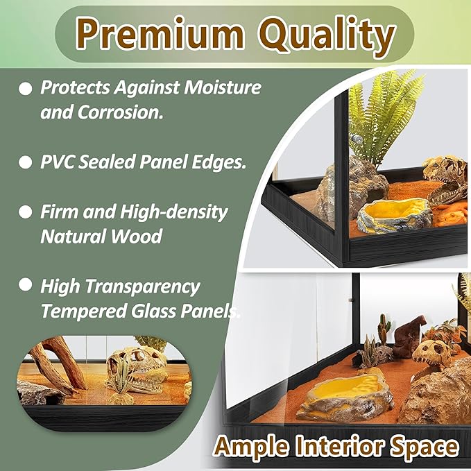 PROLEE Bearded Dragon Tank,Tempered Glass Reptile Tank with Mesh Roof and Front Sliding Door,Anti-Scratch Lizard Tank,Spacious Reptile Enclosure for Snakes,Lguanas (Black, 63Gallons,40"x20"x20")