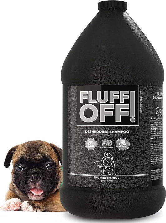 Fluff Off! by Girl With The Dogs, Natural Deshedding Dog & Cat Shampoo, 1 Gal, Made in USA, 8 Wks+