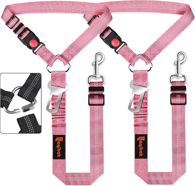Removable Dog Seat Belt Harness for Car, 3 in 1 Pet Dog Car Seatbelt Leash, Retractable Restraint Secures to Vehicle Headrest & Adjustable Reflective Bungee Dog Seatbelt Tether, Pink