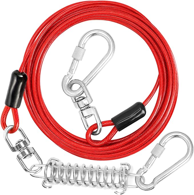 Jenico Dog Tie Out Cable, 10/15/20/30/40/50/70/100/150FT Runner Cable with Swivel Hook and Shock Spring, Yard and Camping Dog Leash Run Tether, Up to 500 LBS
