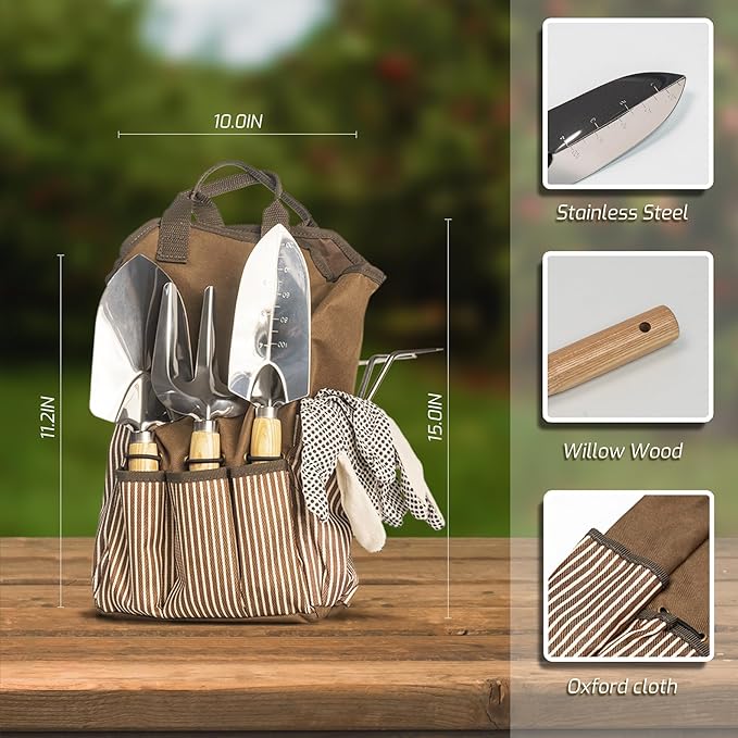 13-Piece Garden Tools Set with Tote Bag & Apron, Repotting Mat - Stainless Steel Heavy Duty Planting Kit, Ergonomic Non-Slip Handles - Gardening Gift for Women, Mom, Home Gardeners