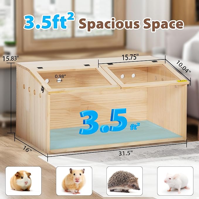 COZIWOW Wooden Hamster Cage, Large Hamster Habitats Enclosure with Acrylic Window & Openable Top, (32" L x 16" W x 16" H) Small Animal Cage for Guinea Pig, Chinchilla, Gerbil