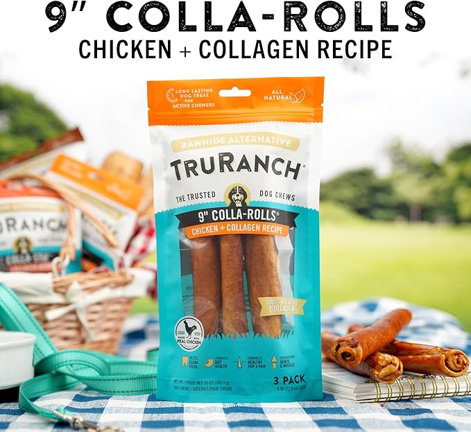 Collagen Rolls - 9" Collagen Rolls for Dogs - Long Lasting Healthy Joint Support - Rawhide Alternative - Skin & Coat Health - Made with Real Chicken, Value Pack, 3 Bags, 9 Count