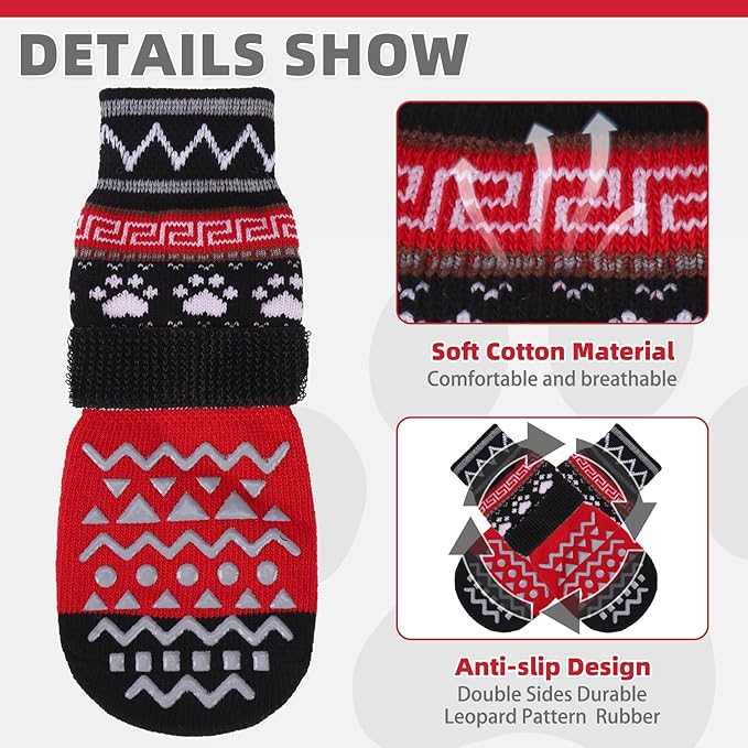 KOOLTAIL Dog Socks to Prevent Licking Paws for Hardwood Floors Anti Slip, Winter Warm Pet Boots&Paw Protector with Grippers, Double Sides Dog Shoes Booties for Small Medium Large Senior Dogs Red S