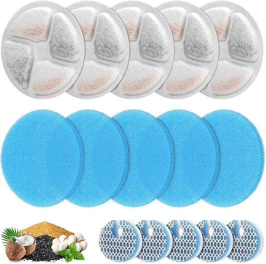 5 Set Cat Water Fountain Filter Replacement for Round 2L/67oz Stainless Steel Cat Fountain, ZEKIRY Pet Fountain Filter, Triple Filtration Replacement Filters(5 Filter, 5 Sponge, 5 8D Sponge)