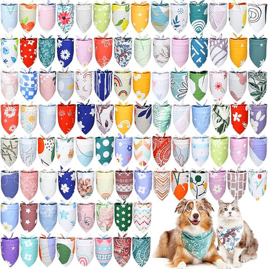 100 Pcs Dog Bandanas Bulk Pet Bibs Colorful Triangle Scarf Pet Bandanas for Medium Large Dogs Spring Summer Birthday Costume Decoration (Boho)