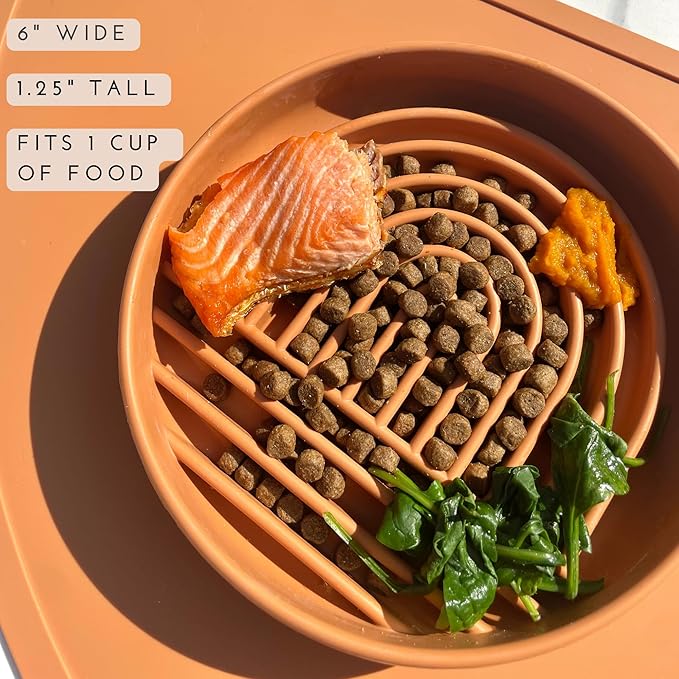 The Slowdown Bowl Silicone Slow Feeder for Cats & Kittens, Slow Eating Mealtime Solution with Modern Lick Mat Design, Reduces Gulping, Fits 1 Cup 6” Across x 1.25” Tall, Small-Tan