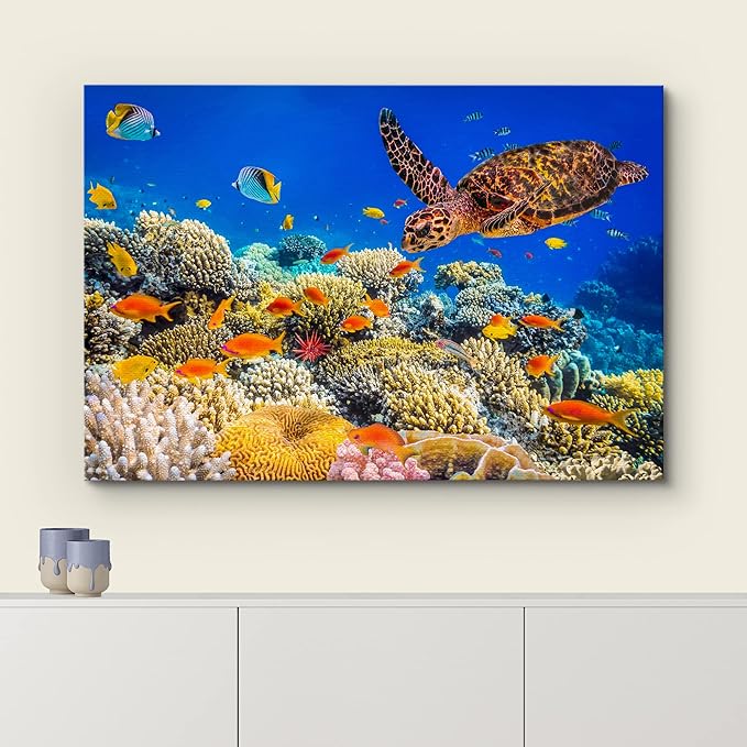 wall26 Canvas Print Wall Art Neon Coral Reef Blue Hippo Tang Fish Turtle Nature Animals Photography Realism Rustic Scenic Landscape Wilderness Colorful for Living Room, Bedroom, Office - 24"x36"