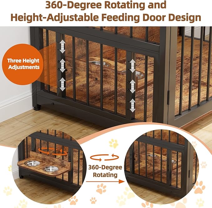 Large Dog Crate Furniture, 48 Inch Wooden Dog Crate, Heavy Duty Dogs Kennel with 2 Drawers Storage, 360° Adjustable Raised Feeder, Indoor Dogs House End Table