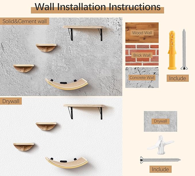 Cat Wall Shelves and Cats Window Perch – Natural Wood 4-Piece Set with Foam-Padded Curved Bed and Felt Steps, Space-Saving Wall Mounted Design