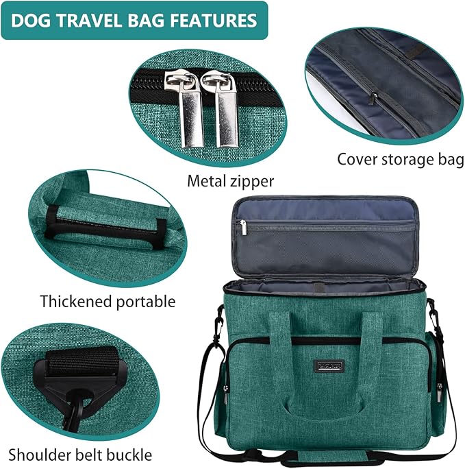 BAGLHER Dog Travel Bag, Airline Approved Pet Tote Organizer with Multi-Function Pockets, 2 X Food Storage Containers and 2 X Collapsible Dog Bowls, Perfect Weekend Pet Travel Set for Dog, Cat Green