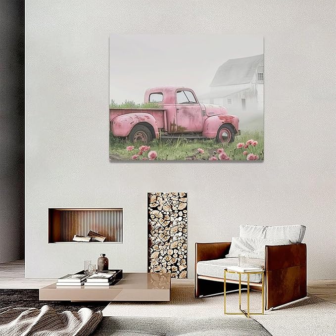 Large Rustic Farmhouse Pink Truck Wall Art for Living Room Country Barn Art Big Space Size Bedroom Office Framed Canvas Prints Pictures Painting Artwork Office Bedroom Home Decor 60"x30"