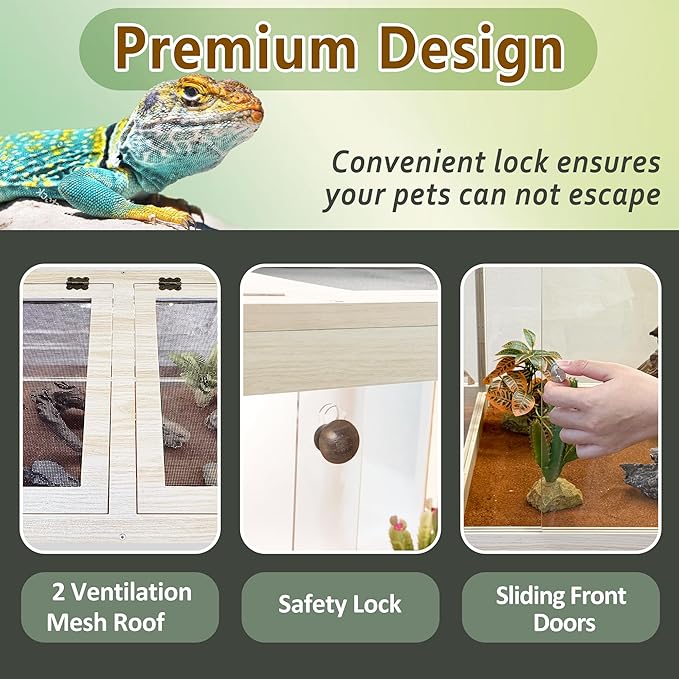 PROLEE Tempered Glass Bearded Dragon Tank,28 Gallon Reptile Tank with Meatl Mesh Roof and Front Sliding Door, Anti-Scratch Lizard Tank,Spacious Reptile Enclosure for Snakes,Lguanas, Chameleons(Oak)