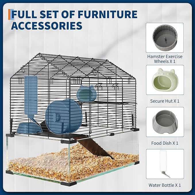 Large Hamster Cage with 7" Deep Tempered Glass Bottom, 3 Tiers Big Hamster Tank with Running Wheel, Hut, Water Bottle, Dish, Rat Cages for Syrian, Dwarf, Gerbils, Mouse, 22.83" x 15" x 21.25"