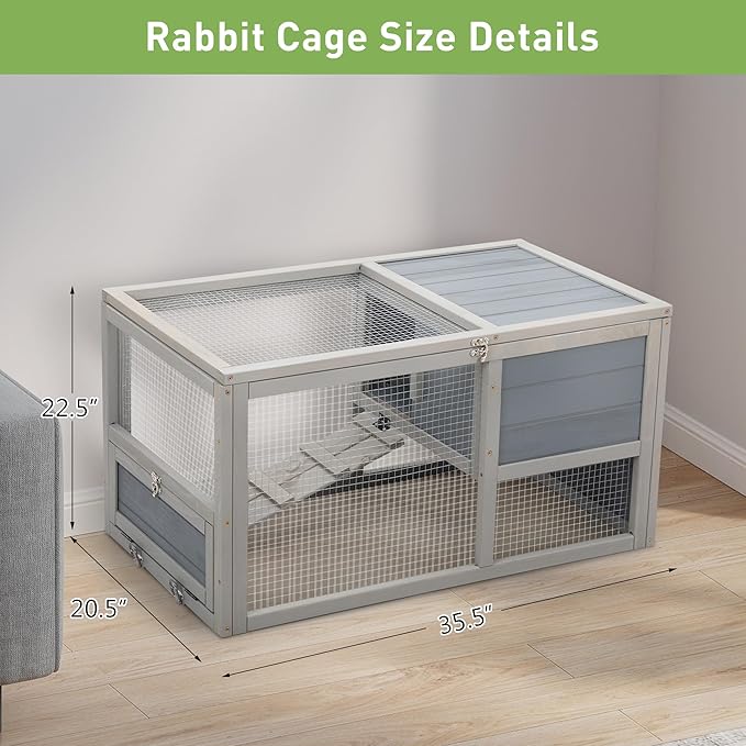 COZIWOW Wooden 36Inches Rabbit Hutch Outdoor with Wheels Bunny Cage Indoor Rabbit Cage with Clean Tray, Openable Roof, Anti-Slip Ramp for Small Bunny (Grey with Pattern)