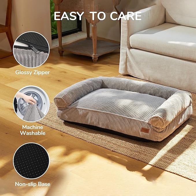 FUKUMARU Cute Dog Bed, Fluffy Dogs Couch with TPU Layer Keeping Lining Dry, Pet Sofa Medium Size Dog Easy to Care, Warm Cat Bed with Removable Zipper Cover, 36inch, Large, Light Grey