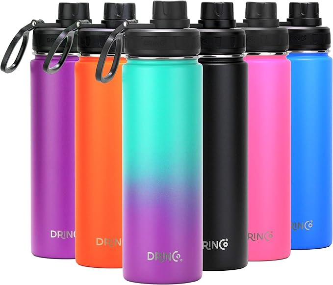 DRINCO Stainless Steel Water Bottle Spout Lid Vacuum Insulated Double Wall Water Bottle Wide Mouth (40oz 32oz 22oz 18oz 14oz) Leak Proof Keeps Cold or Hot (22 oz, 22oz Ombre Fuschia Teal)