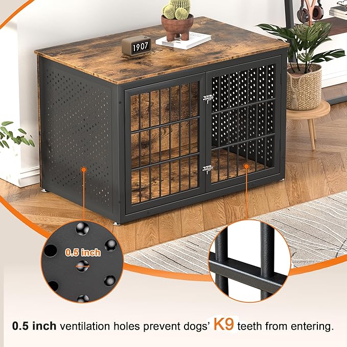 48" Rustic Heavy Duty Dog Crate Furniture for Extra Large Dogs, Metal Kennel for High Anxiety Dogs, Wooden Cage Furniture Indoor, Decorative Dog Kennel End Table, XL