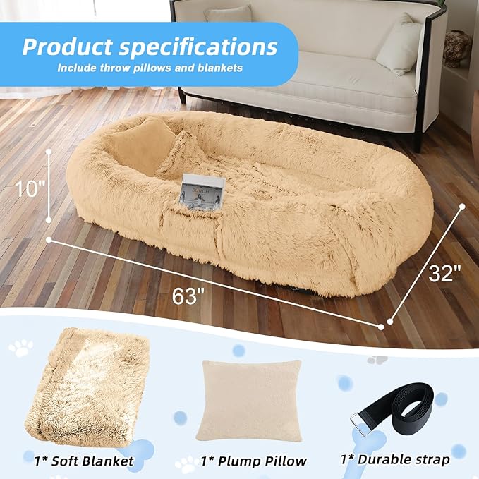 Human Dog Bed for Adults & Pets, 63"x32"x10" XL Faux Fur Nap Bed with Pillow, Blanket & Strap, Orthopedic Washable Lounger for Sleeping, Relaxing, Cuddling – Beige