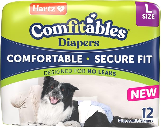 New! Hartz® Comfitables® Disposable Dog Diapers, Size Large 12 Count, Comfortable & Secure Fit, Easy to Put On, Super Absorbent Male and Female Diaper