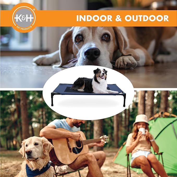 K&H Pet Products Outdoor Elevated Dog Cot, Breathable Cooling Elevated Cot Hammock Pet Bed for Large Dogs, Washable Mesh Cover, Raised Metal Frame, Collapsible, Portable - Large 42 X 30in Blue
