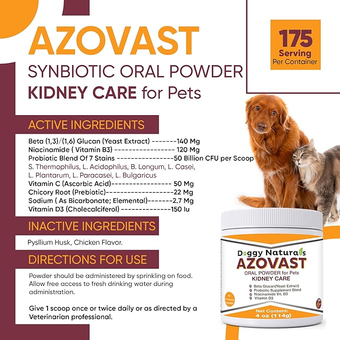 Azovast Powder Kidney Restores & Kidney Powder for Dogs & Cats, (4 Oz) - (175 Scoop/Jar) NO Refrigeration Required - Help Support Kidney Function & Manage Renal Toxins (Made in U.S.A) (4 Oz)