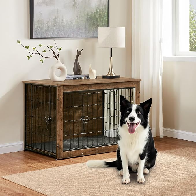 Dog Kennel Furniture, Wooden Dog Crate End Table with Dual Doors, Chew-Proof Design & Cushion, Heavy Duty Dog Crate, Decorative Pet Crate Dog Cage for Indoor (39 Inch)