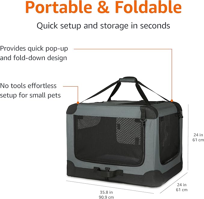 Amazon Basics 4-Doors Portable Soft-Sided Folding Travel Crate Kennel for cat, Dog, and Other Small Animals, Grey, L 36" x 24" x 24"