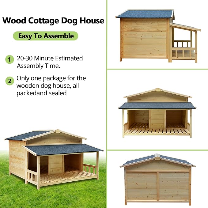 Large Outdoor Wooden Dog House – Weatherproof Double Kennel with Asphalt Roof & Covered Porch, Ideal for Medium to Large Breeds