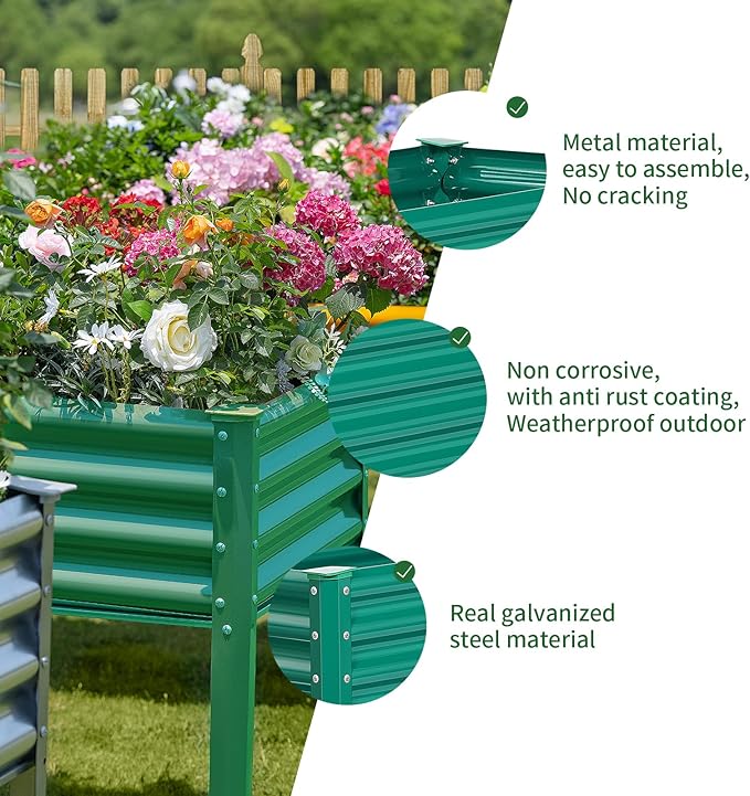 Land Guard Galvanized Raised Garden Bed with Legs, 96×24×32in Raised Garden Beds Outdoor with Drainage Holes, Planter Boxes Outdoor for Backyard, Patio, Balcony, 800lb Capacity, Green