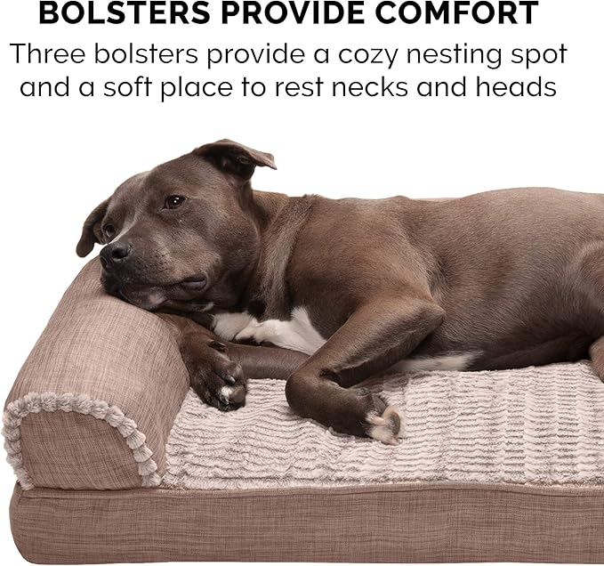 Furhaven Cooling Gel Dog Bed for Large/Medium Dogs w/ Removable Bolsters & Washable Cover, For Dogs Up to 55 lbs - Luxe Faux Fur & Performance Linen Sofa - Woodsmoke, Large