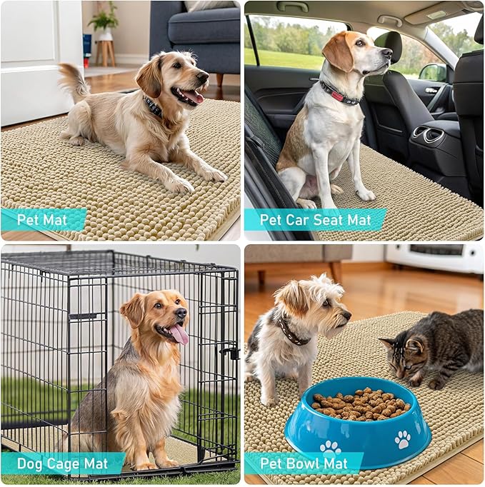 OLANLY Dog Door Mat for Muddy Paws 70x24, Absorbs Moisture and Dirt, Absorbent Non-Slip Washable Doormat, Quick Dry Chenille Mud Mat for Dogs, Entry Indoor Entryway Carpet for Inside Floor, Beige