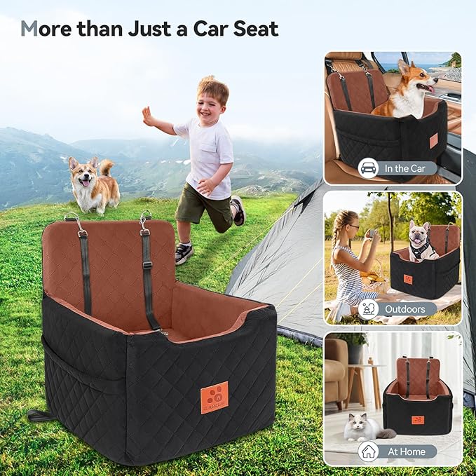 Dog Car Seat for Small/Medium Dogs Under 35lbs,Memory Foam Dog Booster Seats,Detachable and Washable Traval Pet Car Seat, Dogs Bed with 2 Safety Belts(Balck/Brown)