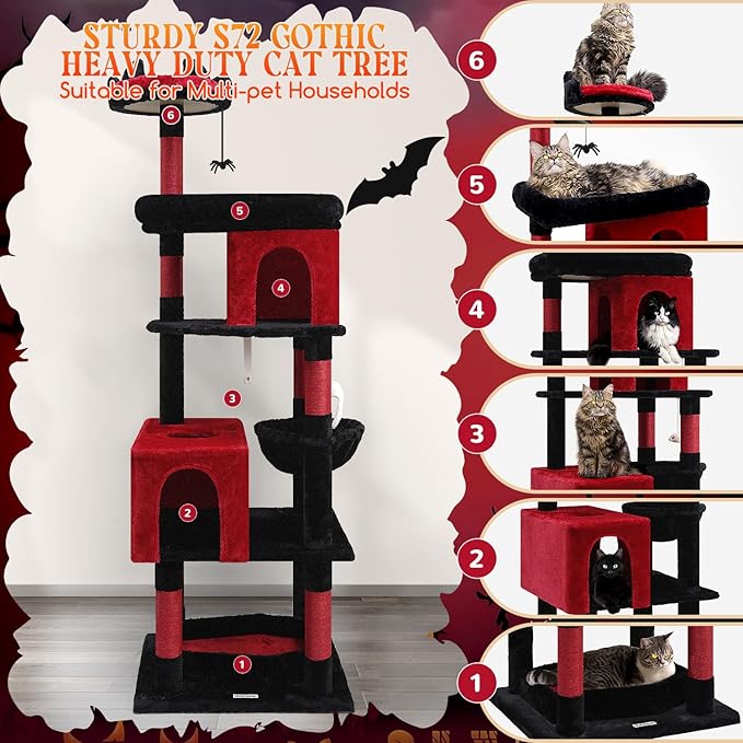 Globlazer Heavy Duty Gothic Cat Tree, 72in Large Cat Tower with Coffin Bed, Sturdy Maine Coon Cat Tree for Large Cats 20 lbs+, Medieval Castle Style with 6 Scratching Posts & Hammock, S72, Black & Red