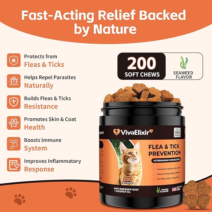Flea & Tick Treatment for Cats – Natural Flea, Tick & Mosquito Prevention with Brewer’s Yeast, Coconut Oil – Skin & Coat Health, Immune Support – Vet Formulated 200 Chews