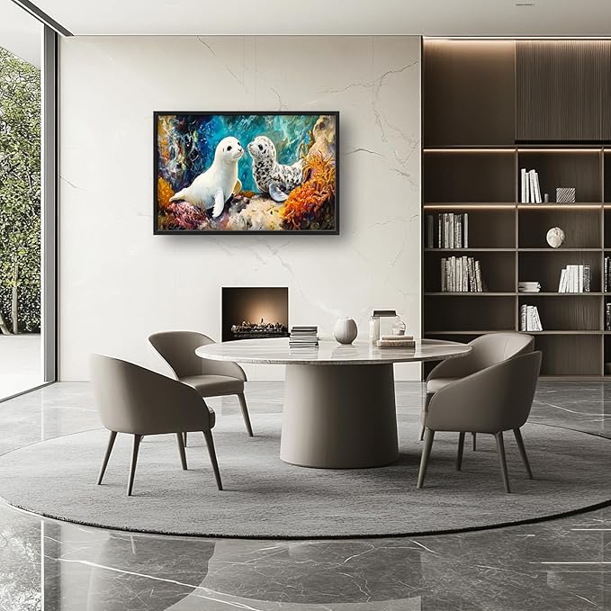 Extra Large Seal Framed Wall Art for Living Room,Oversized Underwater Animal Pictures Wall Decor,Ocean Coral Reef Canvas Print Painting Modern Artwork Bedroom Office Bathroom 36L" x 24W"