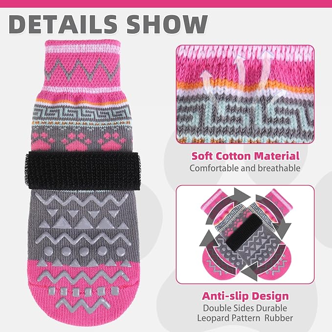 KOOLTAIL Dog Socks to Prevent Licking Paws for Hardwood Floors Anti Slip, Winter Warm Pet Boots&Paw Protector with Grippers, Double Sides Dog Shoes Booties for Small Medium Large Senior Dogs Pink S